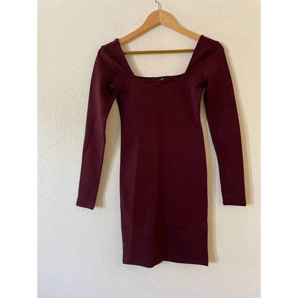 Forever21 Size S Square Neck Bodycon Dress Long Sleeve Stretch Knit Burgundy NWT - Picture 8 of 12